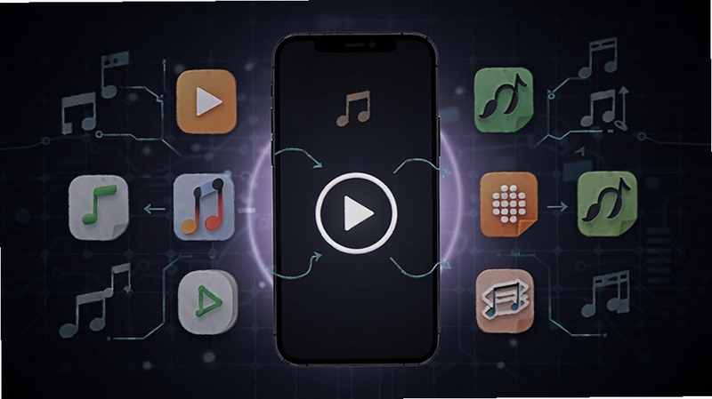 Pixel Music格式兼容性示意图,画面中心为手机屏幕显示多种音频格式图标环绕播放按钮,背景为深色科技网格与柔和光效,风格简洁直观,突出格式支持主题