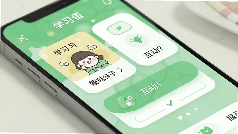 学个蛋应用主界面展示趣味学习卡片与互动题目,手机屏幕特写,清新绿色调,简洁UI设计,柔和光影,高清产品展示风格
