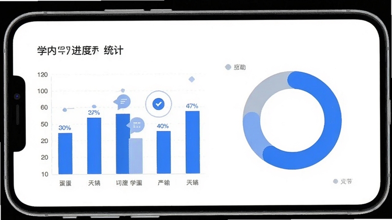 学个蛋应用内学习进度统计页面,柱状图与环形图组合,手机界面展示,干净白色背景,蓝色点缀,现代扁平化设计