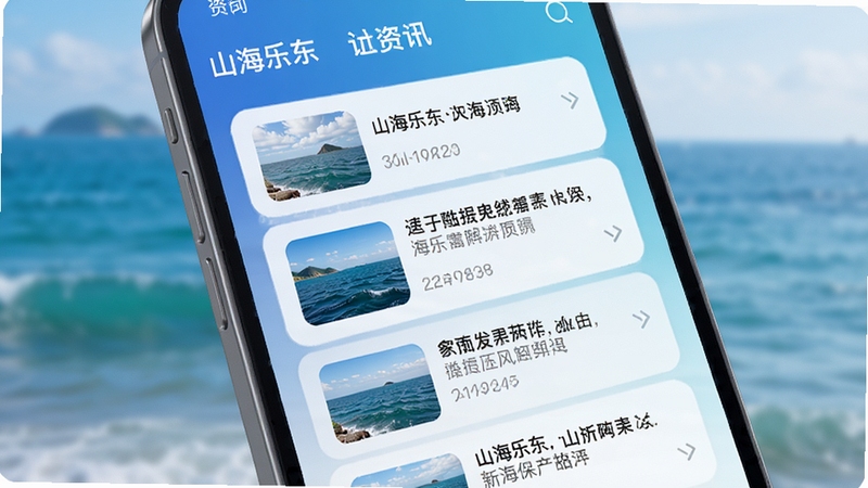 山海乐东应用首页资讯列表界面展示,手机屏幕特写,蓝色海洋渐变背景,卡片式资讯布局,简洁现代UI风格,高清细节,柔和自然光