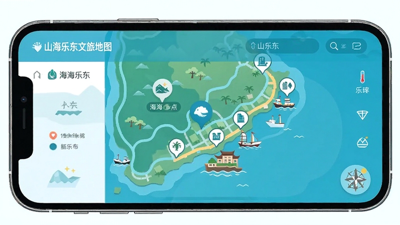 山海乐东文旅导览地图界面,手机展示乐东滨海景点分布,蓝绿色调地图标注,图标清晰,扁平化设计风格,明亮清爽