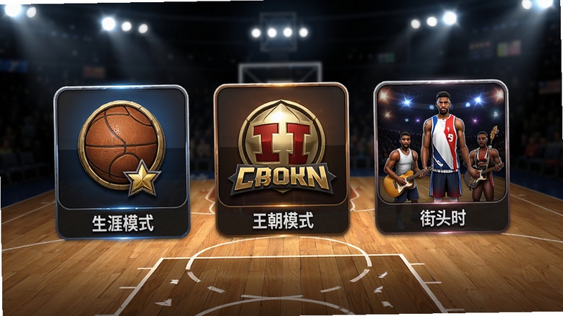 美职篮全明星游戏模式选择界面,画面主体为三个并排的模式入口图标,分别代表生涯模式、王朝模式和街头模式,背景为篮球场木地板纹理与聚光灯效果,整体风格简洁大气,图标细节精致,画面比例16:9