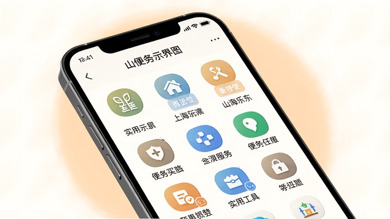 山海乐东便民服务功能界面示意图,画面主体为手机屏幕特写,屏幕上排列着整齐的服务功能图标网格,背景为暖白色调,搭配淡橙色光晕,构图简洁大方,突出实用工具集合的概念