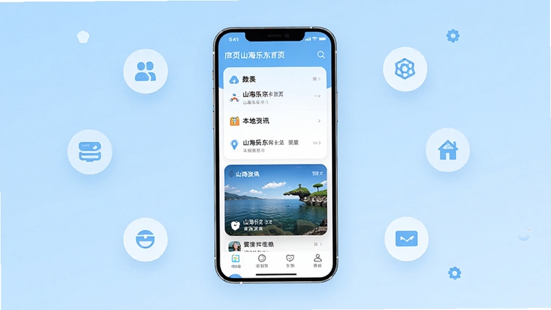 山海乐东应用首页本地资讯卡片展示界面,手机屏幕竖版构图,背景为浅蓝色渐变,画面中央放置一部智能手机,屏幕内呈现分类资讯列表与图文卡片,四周点缀简约图标元素,整体风格清爽现代,适合应用商店宣传图使用