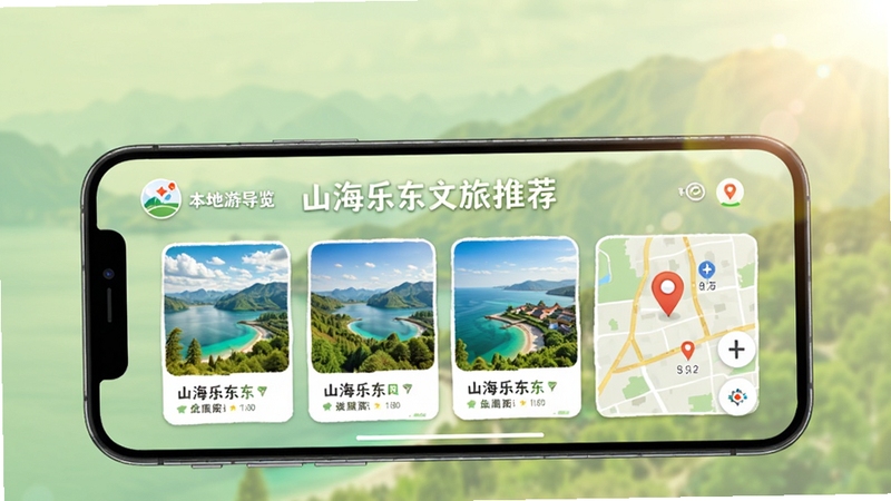 山海乐东文旅推荐页面场景图,手机横屏展示风景卡片与地图标记元素,背景为淡绿色自然风光虚化处理,画面右上角有阳光光斑,整体氛围轻松愉悦,体现本地游玩导览主题