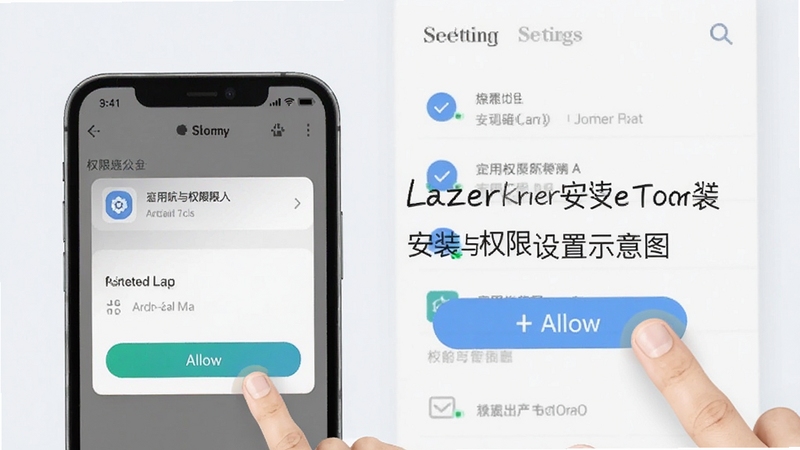 Lazer移动端安装权限设置示意图,画面为手机屏幕显示应用权限管理页面,旁边有手指点击允许按钮的动作,背景为简洁的浅色系统设置界面,突出安装避坑与权限设置主题