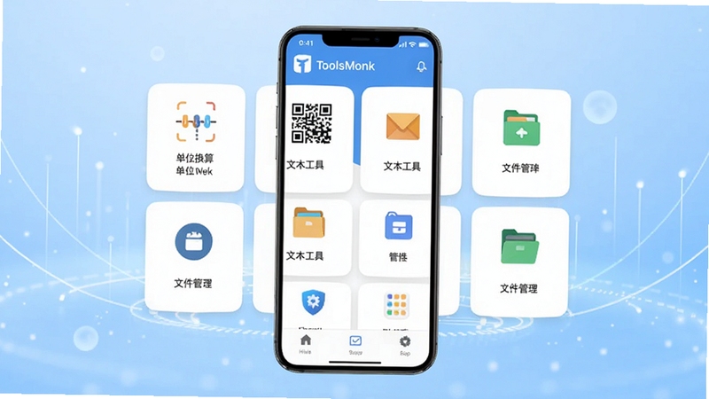 一款名为ToolsMonk的手机工具箱应用界面全景展示,画面中央是应用主界面卡片式功能网格,包含单位换算、二维码、文本工具、文件管理等图标模块,背景为柔和的浅蓝色渐变科技氛围,整体构图居中对称,风格清爽现代,适合应用商店展示