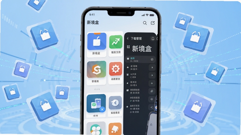 一款名为新境盒的安卓应用盒子软件界面展示,画面中心为手机屏幕特写,屏幕内呈现整齐的卡片式应用列表与下载管理面板,背景为浅蓝色渐变科技感空间,四周漂浮着抽象的安装包图标与数据流线条,整体风格清爽现代,适合软件下载站配图