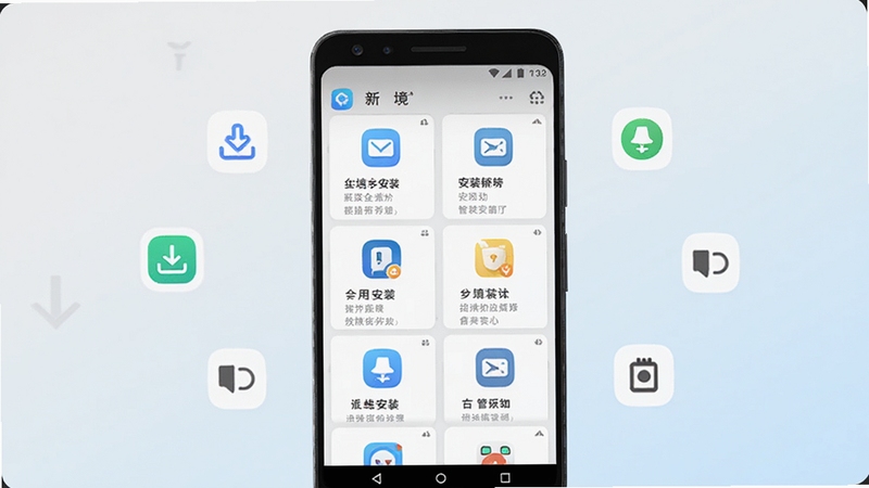 新境盒应用聚合界面概念图,画面以一部竖屏安卓手机为主体,屏幕中展示分类清晰的应用卡片墙,每张卡片带有图标与简介文字,手机周围环绕着代表下载、安装、管理的小图标,背景为柔和的浅灰与淡蓝渐变,整体干净利落