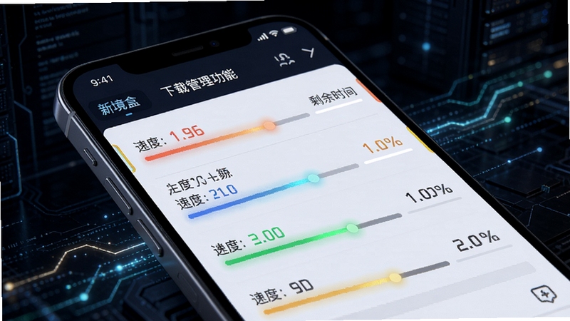 新境盒下载管理功能示意图,画面聚焦手机屏幕中的下载进度列表,多条任务以彩色进度条展示,旁边配有速度与剩余时间文字,背景为深色科技质感空间,点缀发光的数据线条,突出进度可视化与续传概念