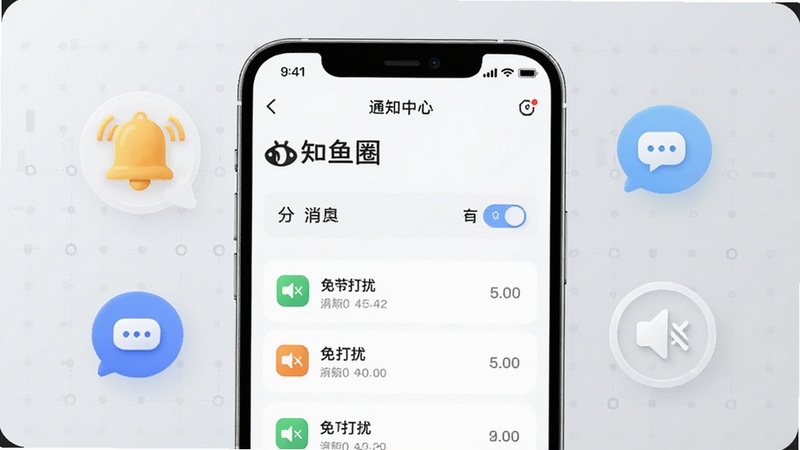 知鱼圈消息通知中心界面,手机屏幕显示分类消息列表与免打扰开关,周围环绕铃铛、对话气泡与静音图标,背景为淡灰色科技感网格,整体简洁明快,适配Boogu模型生成