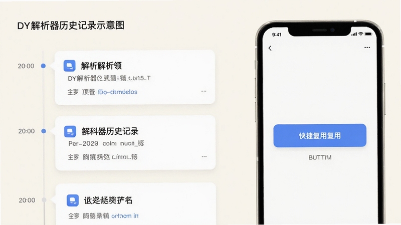 DY解析器历史记录页面示意图,左侧为时间轴排列的解析记录卡片,右侧为手机屏幕展示快捷复用按钮,背景为淡雅的米白色调,整体布局干净有序,体现软件的记录管理能力