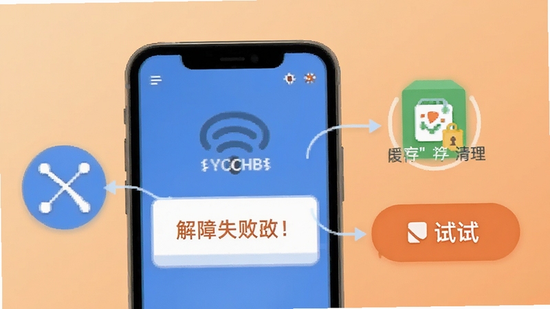 DY解析器故障排查示意图,画面展示手机屏幕出现解析失败提示,旁边配有网络图标、缓存清理图标与重试按钮的视觉元素,背景为浅橙色渐变,整体风格简洁明快,突出解决问题的引导感