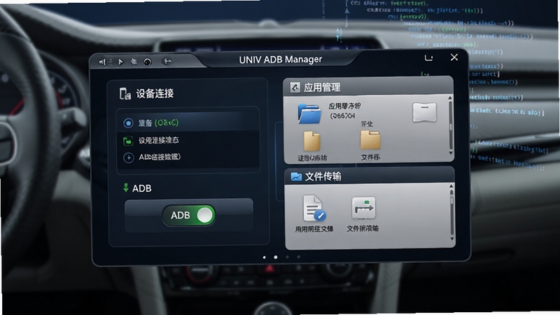 UNIV ADB Manager软件主界面展示,画面中央为深色科技风的车机调试控制面板,左侧显示设备连接状态与ADB开关按钮,右侧为应用管理与文件传输功能区,背景为虚化的汽车中控台与代码数据流,整体色调以深蓝与银灰为主,突出专业调试工具质感