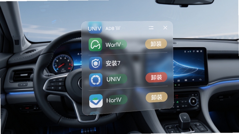UNIV ADB Manager应用管理功能界面,画面主体为悬浮在空中的半透明应用列表窗口,每个应用图标旁带有安装与卸载按钮,背景为汽车驾驶舱视角,仪表盘与中控屏发出柔和蓝光,整体风格简洁现代,体现车机应用管理的便捷性