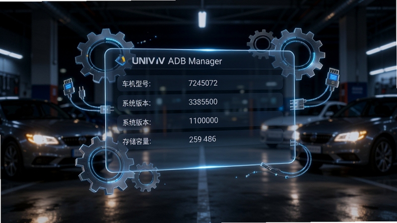 UNIV ADB Manager设备信息检测界面,画面中心为一块悬浮的透明数据面板,上面显示车机型号、系统版本、存储容量等参数,面板周围环绕着齿轮与数据线元素,背景为夜间车库环境,车灯微亮,整体呈现科技感与实用性