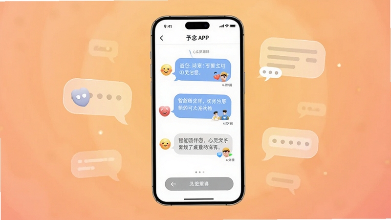 画面中心为一部竖屏智能手机,屏幕内呈现予念APP的对话界面与柔和的情感化图标,背景为暖色调渐变光晕与漂浮的对话气泡,整体风格温馨简洁,突出智能陪伴与心灵治愈的氛围,细节包含手机边框、界面按钮与文字排版,适配Boogu模型生成
