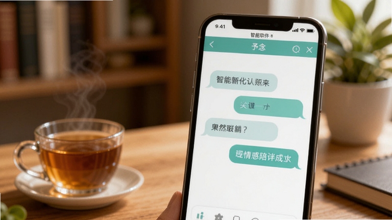 予念软件界面特写,画面主体为手机屏幕中展示的智能对话窗口,对话气泡呈现柔和的蓝绿色调,背景为虚化的书房环境,桌面上放置一杯热茶与绿植,整体光线温暖,突出情感陪伴与自然交流的视觉感受