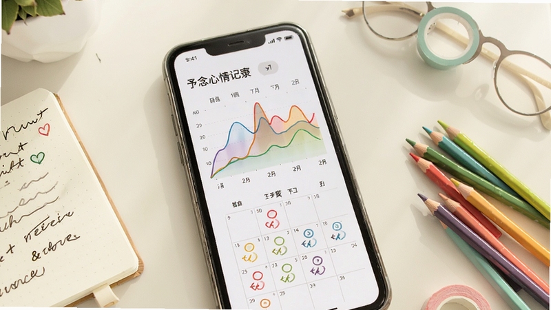 予念心情记录功能展示图,画面为手机屏幕内呈现彩色情绪曲线图表与日历打卡标记,背景为淡雅的米白色桌面,旁边散落手账本与彩色铅笔,整体风格清新治愈,体现记录与自我觉察的主题