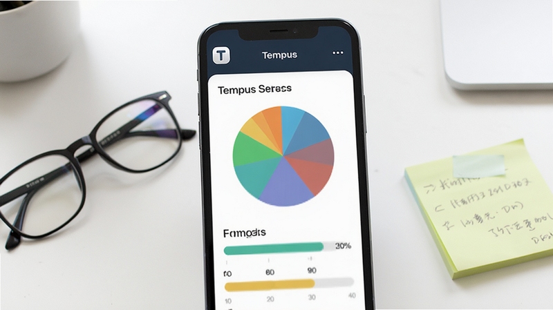 Tempus 软件统计报表与目标进度展示,手机屏幕呈现彩色饼图与进度条,画面背景为整洁的书桌环境,旁边放置眼镜与便签纸,整体色调清新明亮,屏幕内清晰可见 Tempus 应用图标与数据图表