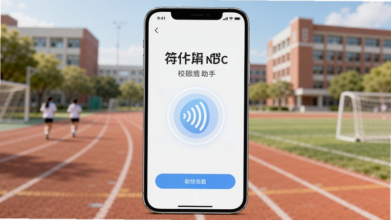 校园跑 NFC 助手 软件主界面展示图,画面中央为一部智能手机,屏幕显示简洁的打卡界面与NFC感应图标,背景为校园操场跑道与教学楼虚化场景,整体色调清新明亮,科技感与校园氛围结合,适合软件下载站展示图