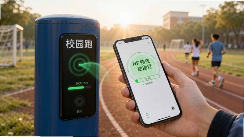 校园跑 NFC 助手 NFC感应功能演示图,画面主体为一只手握持手机靠近校园打卡柱,手机屏幕显示感应成功的绿色提示与进度条,背景为清晨校园跑道,光线柔和,构图突出科技辅助校园生活的主题