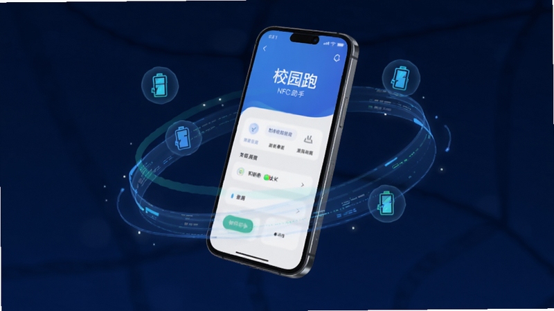 校园跑 NFC 助手 轻量运行概念图,画面中央为一部手机悬浮在深蓝色背景中,周围环绕着轻盈的数据流线条与电量图标,手机屏幕显示简洁的软件界面,整体视觉传达低耗高效的产品印象