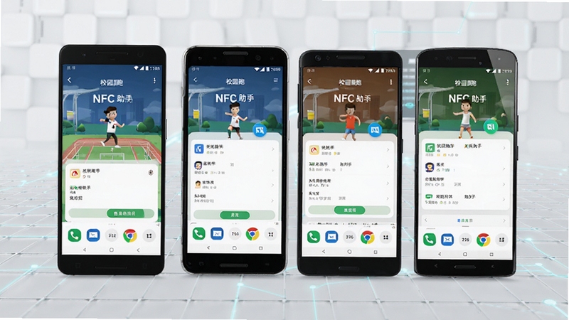 校园跑 NFC 助手 多机型适配展示图,画面中并排摆放三到四部不同品牌的安卓手机,每部手机屏幕均显示校园跑 NFC 助手的运行界面,背景为浅灰色科技网格纹理,整体风格干净利落,体现兼容性强的产品特点