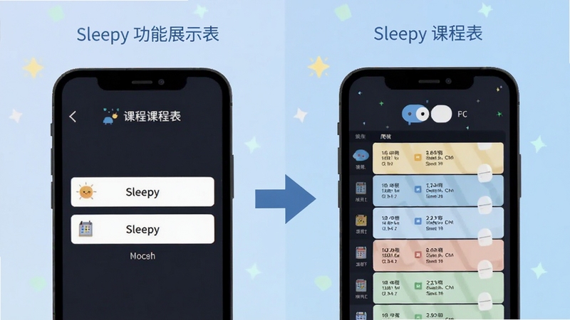 Sleepy 课程表 功能展示图,画面分为左右两部分,左侧展示手机屏幕上的课程导入界面,右侧展示周次切换后的课表视图,中间以箭头连接,背景为淡蓝色渐变,整体风格扁平化设计,突出软件名称 Sleepy 课程表
