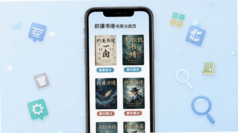 ֯���龳������ҳ�棬�ֻ���Ļ��ʾ�����鼮��������ı�ǩ������Ϊǳ��ɫ���䣬��ΧƯ���ŷ���ͼ���������Ŵ�Ԫ�أ�����������ˬ