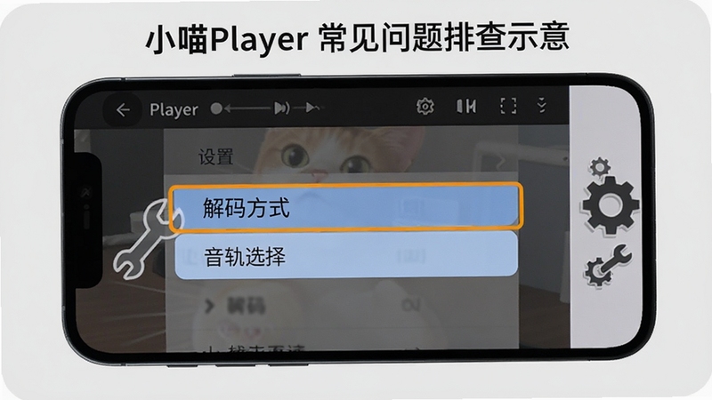 小喵Player常见问题排查示意,手机屏幕显示播放器设置菜单,菜单中高亮标注解码方式切换与音轨选择两个选项,旁边配有扳手与齿轮图标,背景为浅灰色,整体风格清晰直观,便于用户理解故障排查步骤