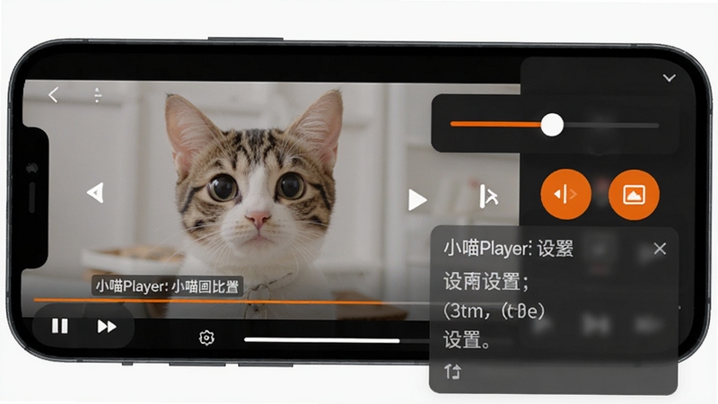 小喵Player播放控制界面特写,手机横屏显示视频画面,屏幕右侧浮现倍速调节滑块与画面比例切换按钮,字幕设置面板半透明展开,整体配色以深灰与亮橙为主,体现播放器操作便捷、功能集中的特点