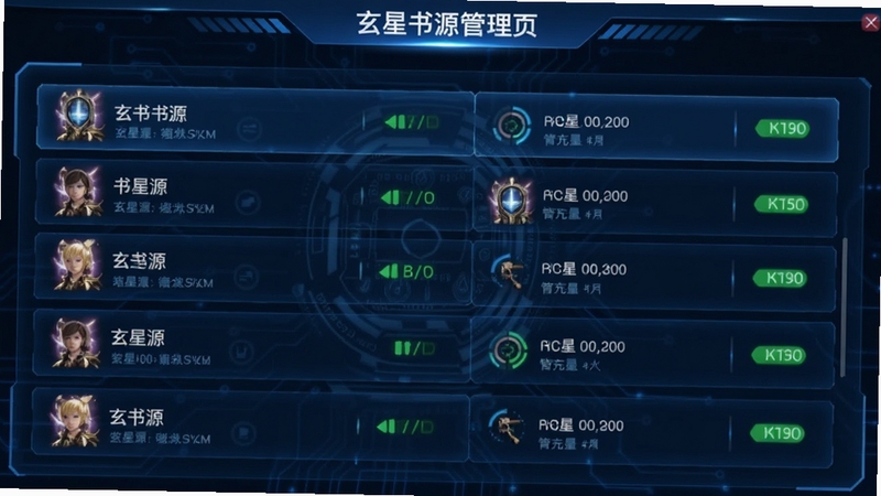 玄星书源管理页面示意,界面中列出多个书源条目并带有状态标识,整体为蓝色调科技感风格,画面清晰