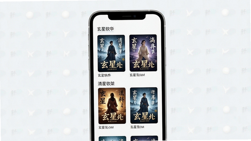 玄星软件清爽书架界面展示,手机屏幕中排列着多本小说封面,分类标签清晰,背景为浅色极简风格,画面干净整洁