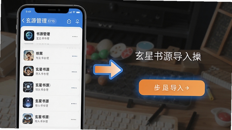 玄星书源导入操作示意图,手机界面显示书源管理列表与导入按钮,整体风格简洁明快,突出操作步骤