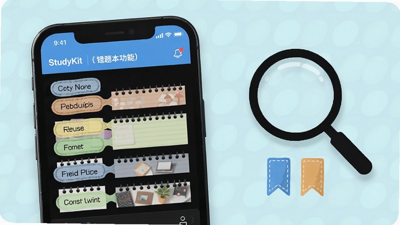 StudyKit笔记与错题本功能展示,手机界面呈现标签化笔记列表,旁边有放大镜和书签元素,清新浅色背景,UI展示风格