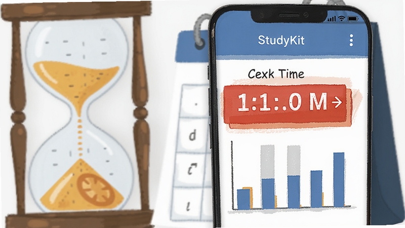 StudyKit专注计时与学习统计页面,手机屏幕显示番茄钟倒计时和柱状图,背景有沙漏和日历,简约商务插画风格