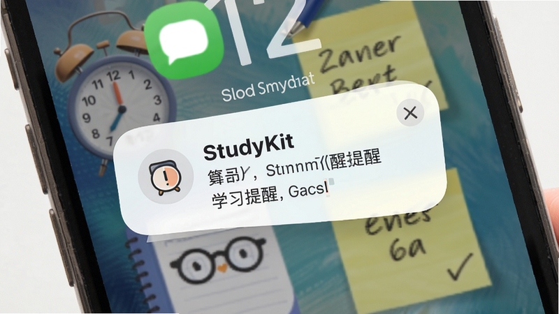 StudyKit复习提醒通知界面,手机锁屏弹出学习提醒卡片,背景有闹钟和便签纸,柔和圆角风格,生活化场景