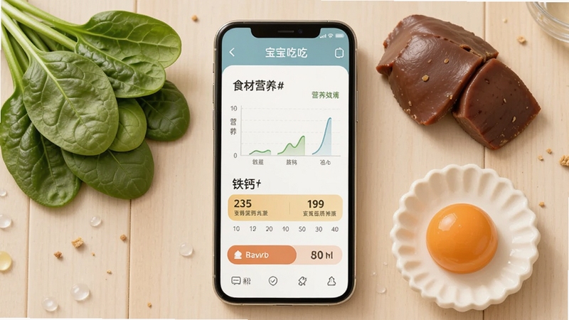 宝宝吃什么软件营养查询页面,手机屏幕显示食材营养数据图表与铁钙锌元素标识,旁边散落着菠菜、猪肝、蛋黄等食材实物,画面色调温暖柔和,体现宝宝吃什么应用的营养查询场景