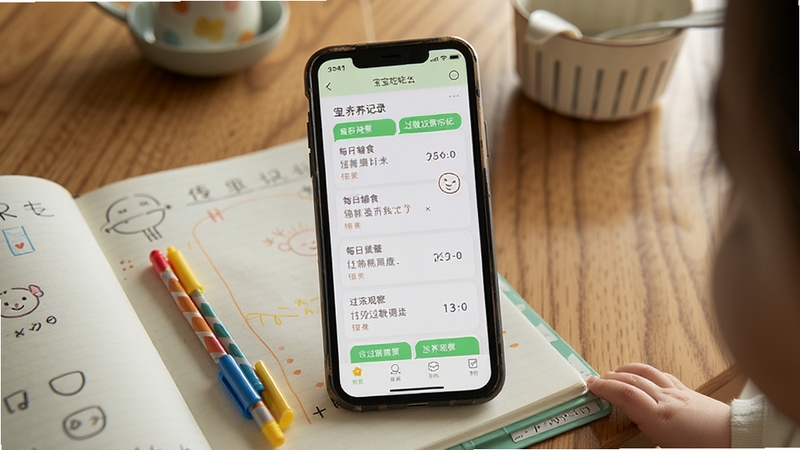 宝宝吃什么软件喂养记录界面,手机屏幕显示每日辅食打卡列表与过敏观察标记,旁边放置着记录本和彩色笔,背景为居家餐桌场景,画面温馨自然,展现宝宝吃什么应用的记录提醒功能