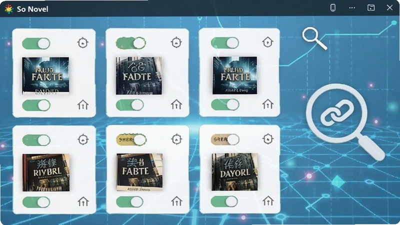 So Novel软件的书源管理界面,画面中排列着多个书源卡片,每个卡片带有开关按钮和排序图标,背景为淡蓝色科技感网格,一侧有放大镜与链接符号,体现资源聚合与规则解析的概念