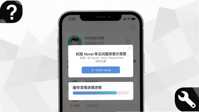 So Novel常见问题排查示意图,画面展示手机屏幕弹出权限设置对话框与缓存清理进度条,背景为浅灰色几何图形,角落有问号与扳手图标,风格简洁说明向