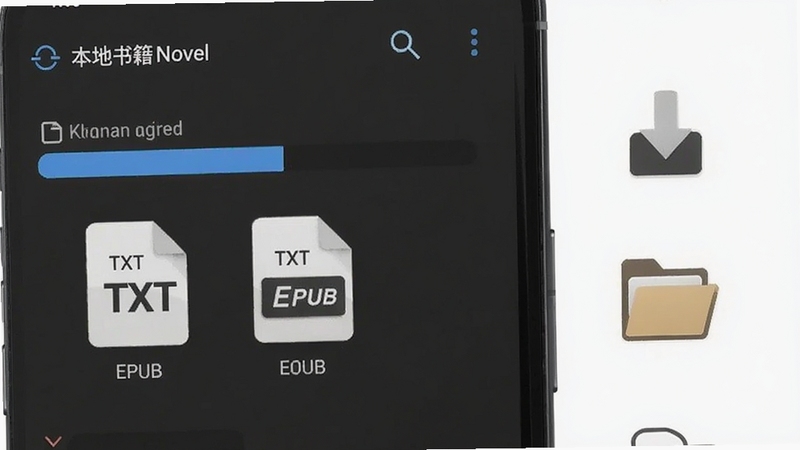 So Novel本地书籍管理界面,手机屏幕显示文件扫描进度条与TXT、EPUB格式图标,背景为深灰色极简风格,旁边有下载箭头与文件夹符号,强调离线阅读与存储管理