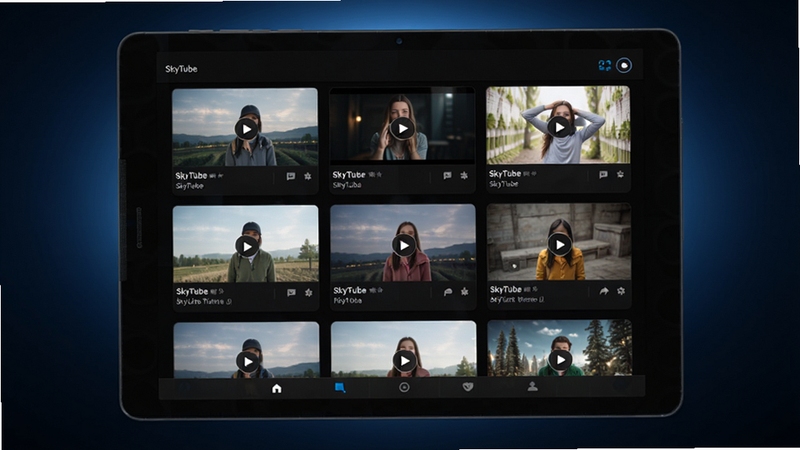 SkyTube������ɫ�������չʾ������������һ����ŵİ�׿ƽ�壬��Ļ��ʾ��ɫ��������Ƶ�б�ҳ����Ƭ�������룬���Ͻ��������л�ͼ�꣬����Ϊ����ɫ���䲢����΢�����Σ��������ִ���Լ��ϸ�����������廭��
