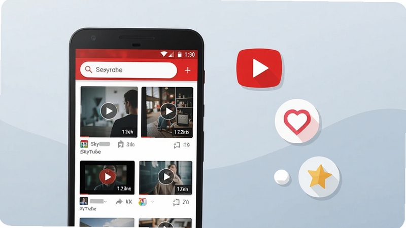 һ��չʾSkyTube��������ȫò�Ĳ廭����������λ������ƫ��λ�ã���һ̨������׿�ֻ�����Ļ����ʾSkyTube����Ƶ�б����棬������ͼ��Ƭ�Ͷ�������������������Ϊǳ����ɫ���䣬�Ҳ��׺���Ű�ť�����İ��ġ��ղ��Ǳ������ͼ�꣬���������ƽ����ɫ����ˬ���ֱ��ʸ��壬�ʺ���������վչʾ