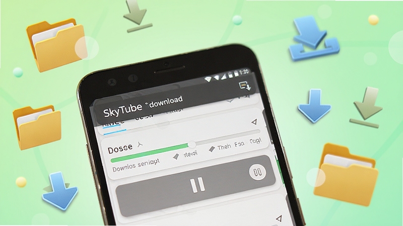SkyTube��Ƶ���ع���ʾ��ͼ����������Ϊһ����׿�ֻ�����Ļ��ʾ���ع����б����н���������ͣ��ť����������Ϊǳ��ɫ���䣬��ΧƯ�����ļ���ͼ������ؼ�ͷ������������죬����ϸ��