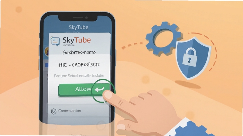 SkyTube��װ����ʾ��ͼ����������Ϊһ���ֻ���Ļ��ʾ��װȨ������ҳ�棬�Ա�����ָ���������ť�Ķ���������Ϊǳ��ɫ���䣬���г��ֺͶ���ͼ�꣬����ƽ����ѧ�廭������