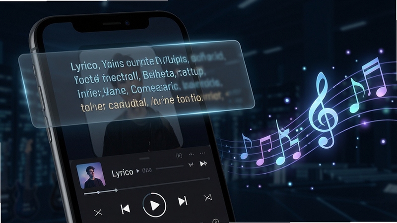 Lyrico 悬浮歌词功能演示,手机屏幕上方显示半透明歌词条,下方为音乐播放器界面,画面右侧有音符光效点缀,科技感十足