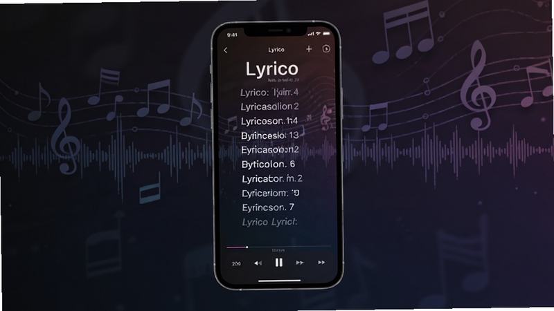 Lyrico 歌词插件应用界面全景展示,画面中央为手机屏幕悬浮歌词效果,背景为深色渐变音乐主题,包含音符与声波纹理,整体风格简洁现代