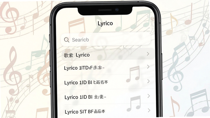Lyrico 歌词搜索匹配界面,手机屏幕中央展示搜索框与候选歌词列表,背景为浅色音乐符号图案,整体布局清晰直观